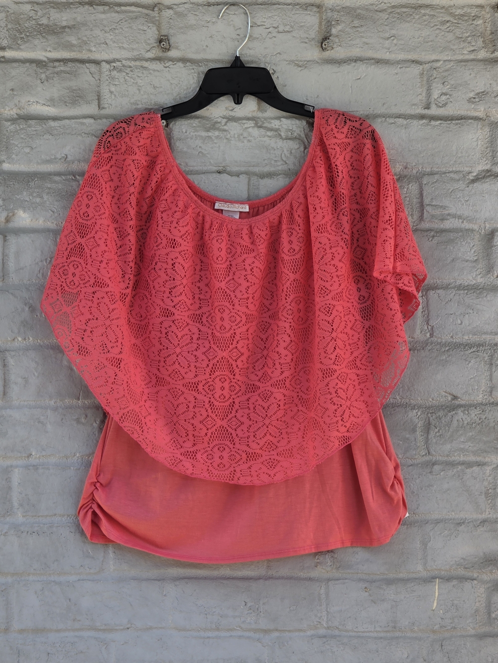 Claudia Richard Lace Overlay Cape Poncho Blouse Coral Pink Plus Size 1X EUC